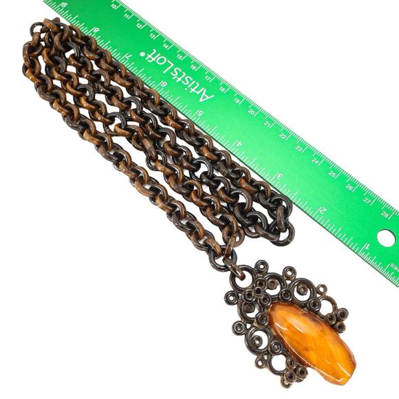 Large Vintage Victorian Revival Faux Tortoise Wooden Chain Amber Pendant 26” - Picture 3 of 8